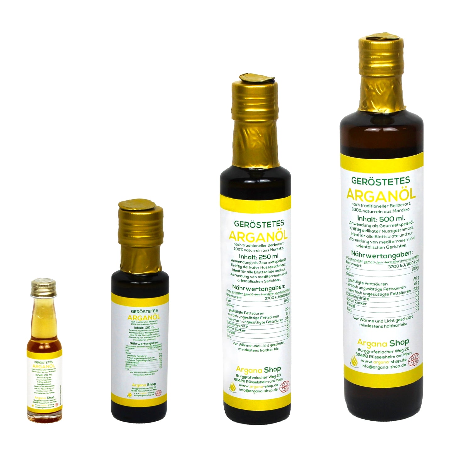 Arganöl, geröstet in verschiedenen Größen